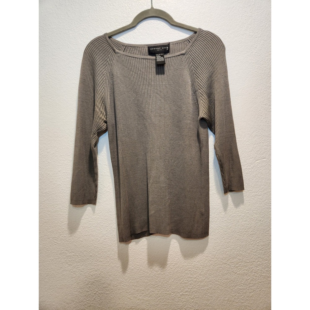 August‎ Silk 100% Silk Ribbed Sweater Taupe Long Sleeve Knit Top Womens M